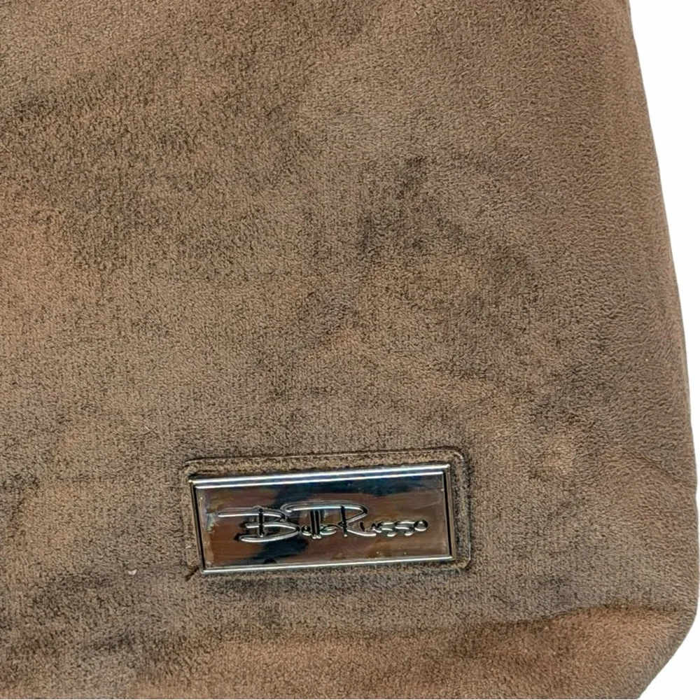 Bella Russo Large Faux Suede Hobo Shoulder Bag Taupe Brown Tassel Charm Boho